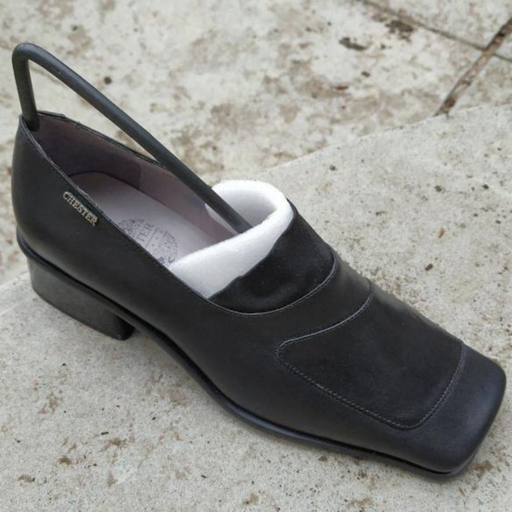 Black genuine / real / natural leather Square Toe Block Heels Loafer shoes